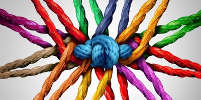 Group holding together as different ropes connected and tied and linked together in the center by a knot as a strong  unbreakable chain and community trust and faith metaphor.